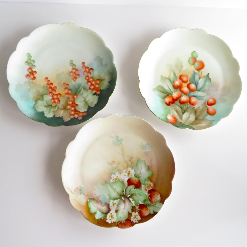 Antique Austrian Porcelain Plates Set 3 Vienna Austria Mark Hand Painted Berries